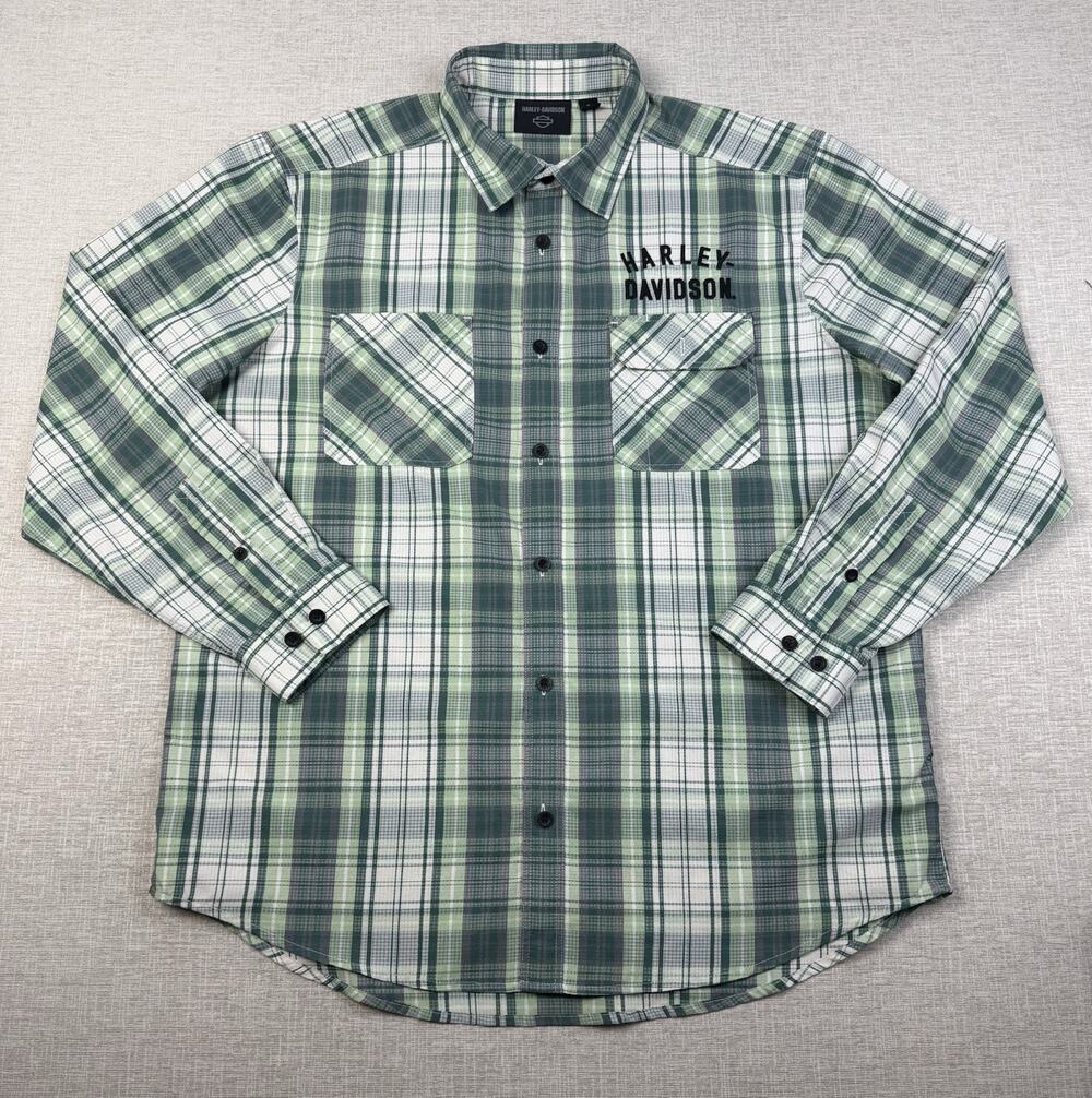 Harley-Davidson Shirt Men’s XL Green Gray White Plaid Long Sleeve Button Front